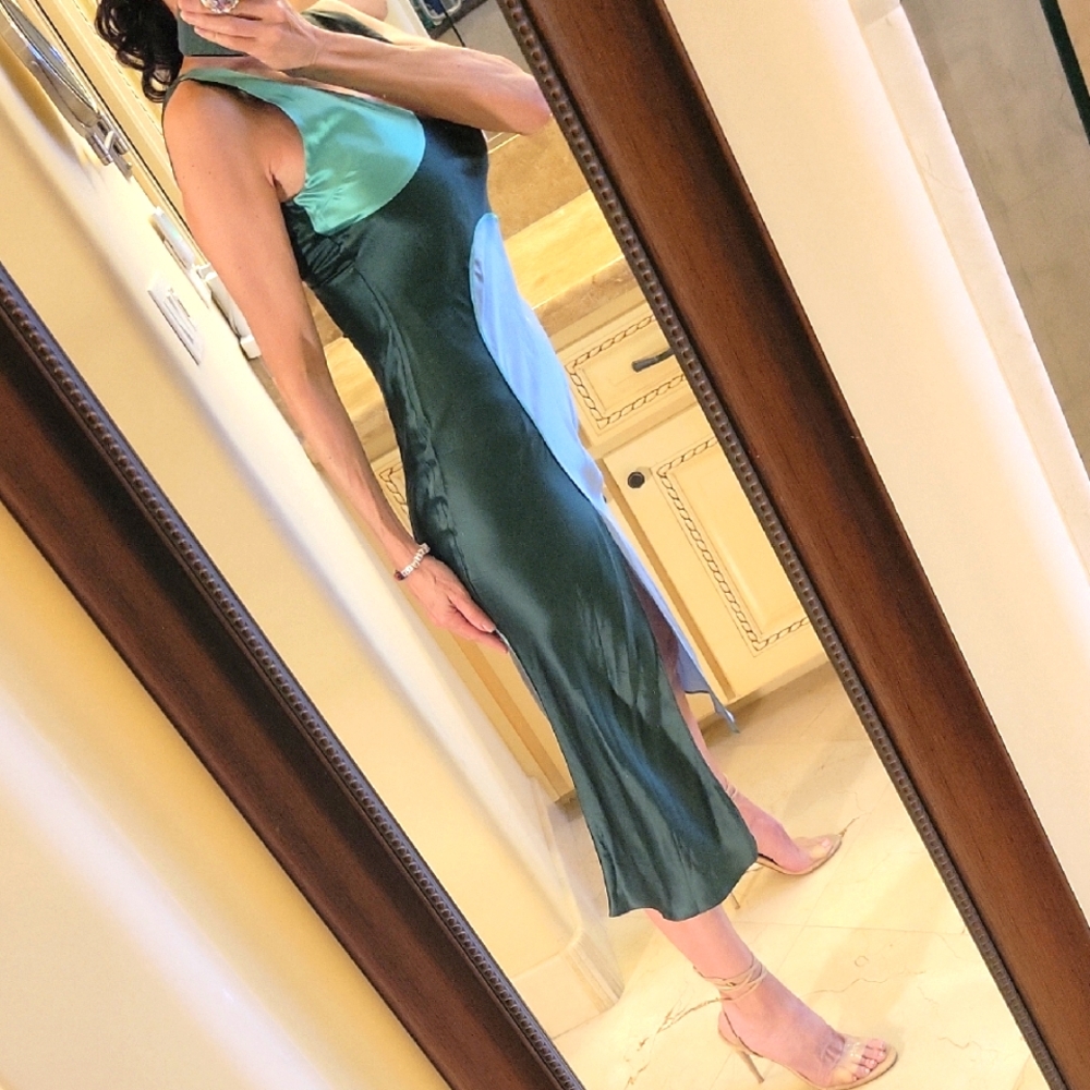 Lattelier 100% Silk Green/Gray  Sheath Midi Dress for Night Out w/ Front Slit, S - Picture 4 of 16